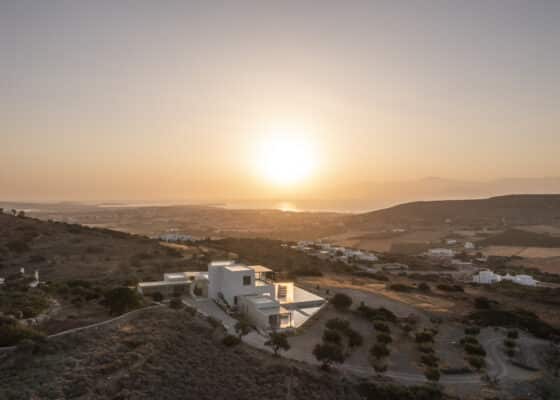 Aerial view of Olive Breeze villa at sunset in Paros