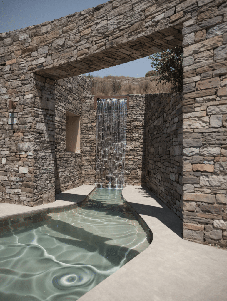 Stone entrance with water feature at villa in Paros