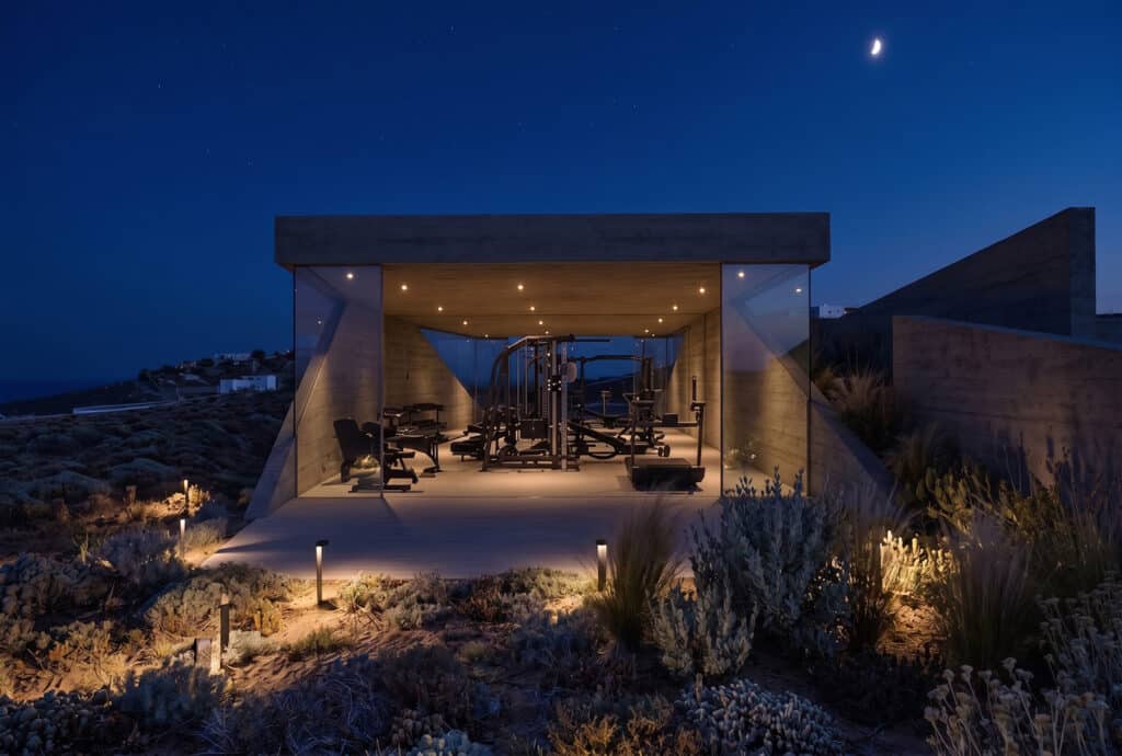 Wellness by the Sea Cyclades illuminated gym at night