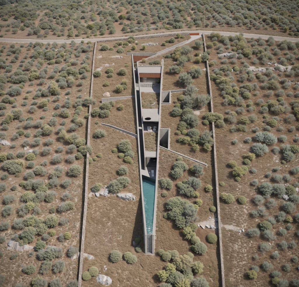 Aerial masterplan view of N'Arrow residence in Heraklion Crete