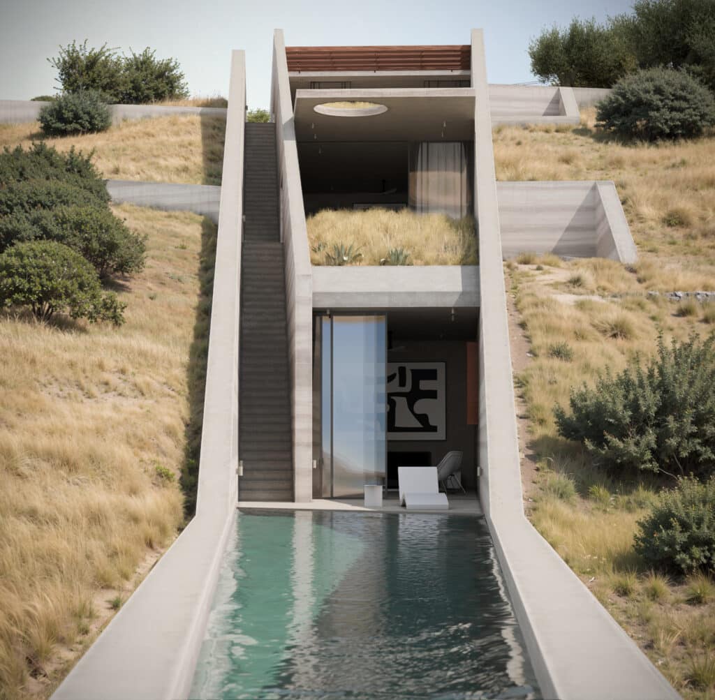 Pool courtyard framed by rammed earth walls at N'Arrow residence